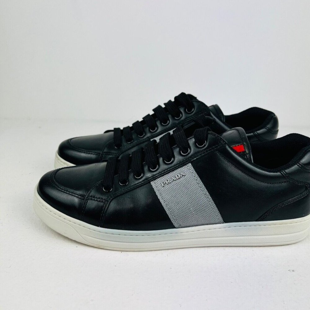 Prada Black Leather Low Top Red Line Logo Chunky Classic Trainers UK 7 - Picture 2 of 12